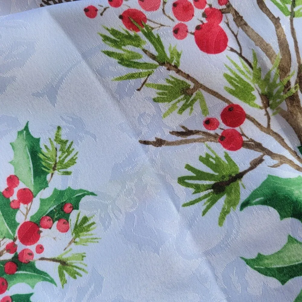 Vintage Christmas Tablecloth Holly Berry Red Border Stripe Print White Rectangle